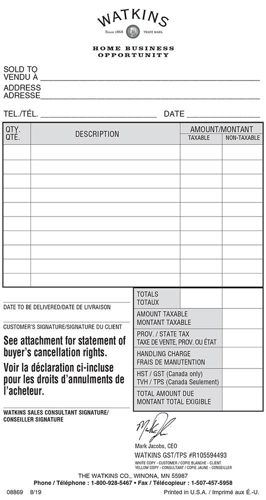 Customer 2 Part Order Book - English/French