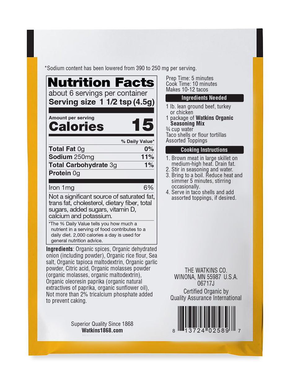 Taco Organic Seasoning Mix 35% Less Sodium